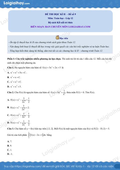 Đề thi học kì 2 Toán 12 - Đề số 9